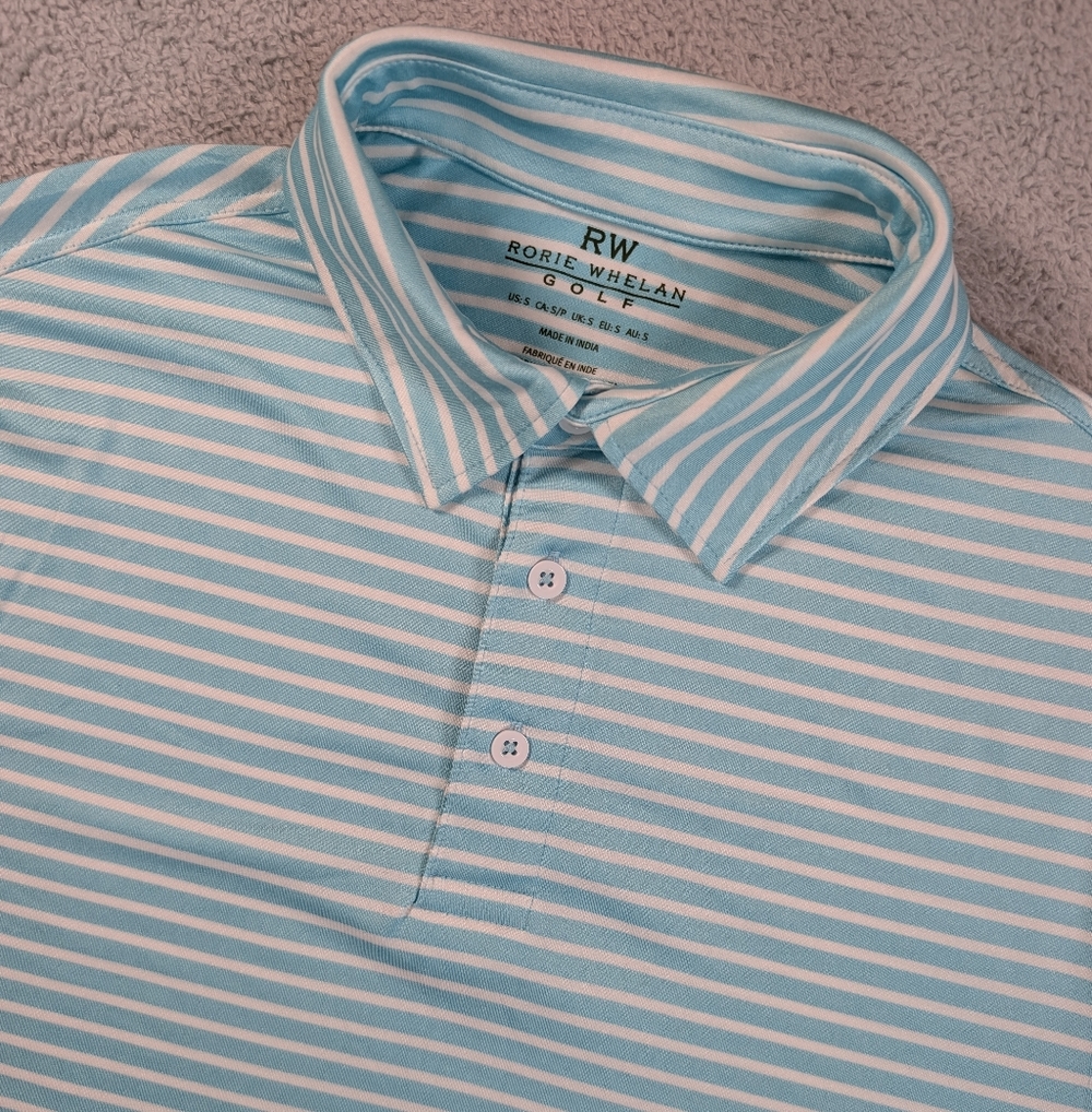 Rorie Whelan Golf Polo Mens Small Blue White Striped Shirt